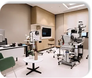 An ophthalmology room, the slit lamp and the chairs