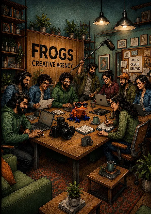 Back cover: the studio at work around a long wooden table, the frog among them, under the Frogs Creative Agency sign.